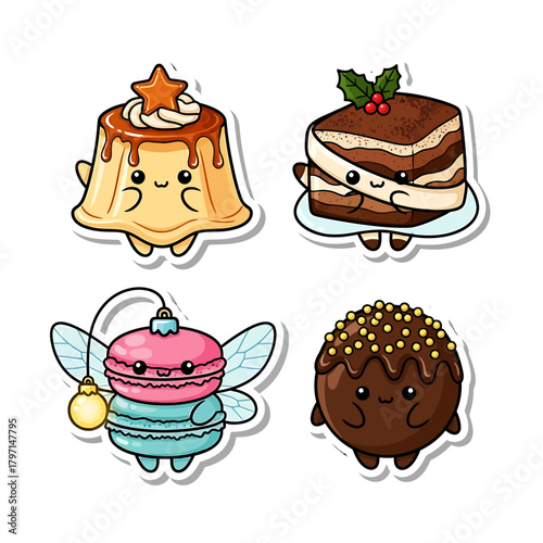 A charming collection of four kawaii-style desserts, each with a cute face and tiny limbs, including a flan, a tiramisu, a macaron fairy, and a chocolate truffle.