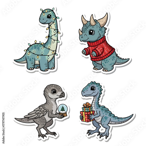 Four cute cartoon dinosaurs celebrating Christmas with lights, gifts, and snow globe.