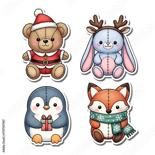 Four adorable plush toy animals, a bear in a Santa suit, a bunny with antlers, a penguin with a gift, and a fox with a scarf, are depicted in a charming illustration.