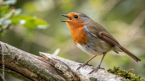 Canvastavla A vibrant european robin perched on a mossy branch, singing with its beak open,