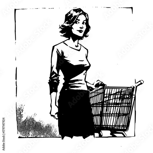 Stylized Woman with Shopping Cart Monochrome Illustration
