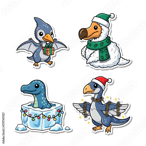 Four cute cartoon prehistoric creatures, including a pterodactyl, dodo, plesiosaur, and archaeopteryx, celebrating Christmas with festive decorations and gifts.