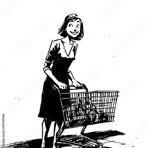 Smiling Woman Leaning Shopping Cart Blackandwhite
