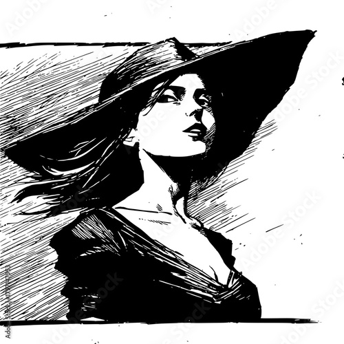 Black and White Portrait Woman with Widebrimmed Hat