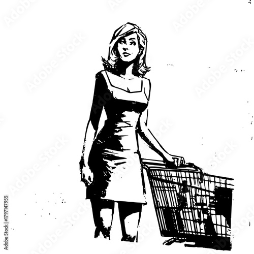Confident Woman Standing with Shopping Cart Black and White