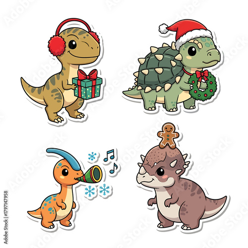Festive cartoon dinosaurs celebrating Christmas with gifts, hats, and gingerbread.