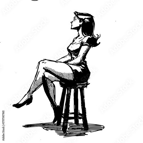 Contemplative Woman Sitting Wooden Stool Illustration