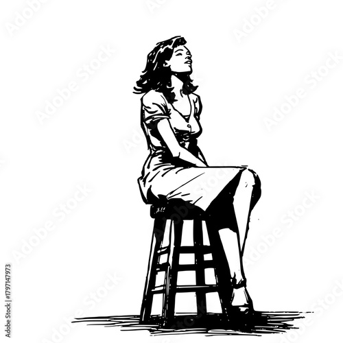 Monochrome Sketch Woman Sitting Wooden Stool