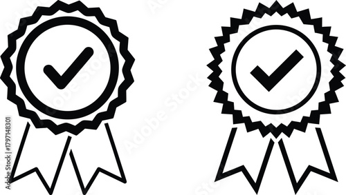 Two black rosette symbols displaying a checkmark appear against a crisp white background