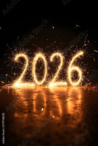 Magical long-exposure sparkler text effect creating Happy New Year 2026.