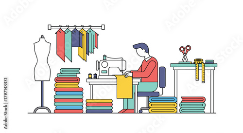 A person is sewing at a sewing machine, surrounded by fabric, a mannequin, and other sewing supplies