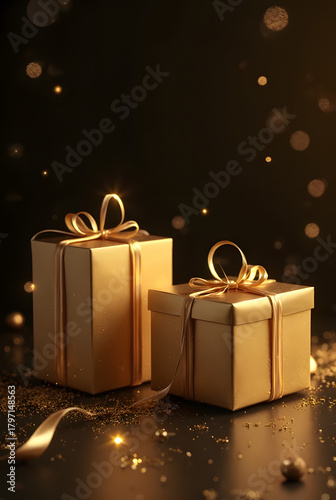 Premium gold gift box flat-lay scene for New Year 2026 promotions and festive branding.