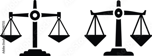 Two classic black scales with balancing pans symbolize justice and fairness against a transparent backdrop