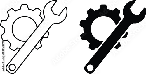 Gear and wrench icon set shows monochrome outline versions on a transparent background