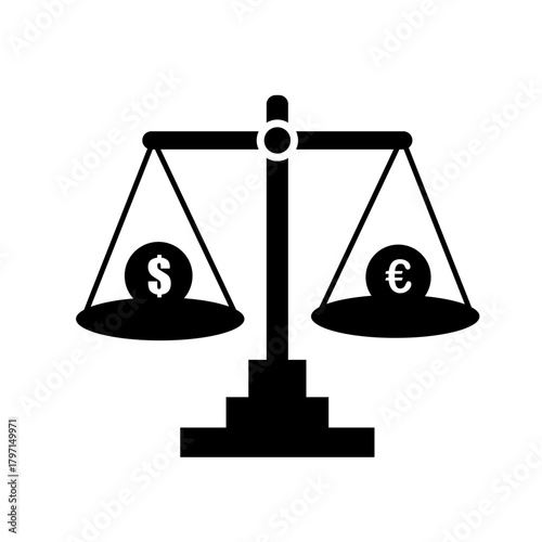 Justice scale weighing dollar versus euro currency symbol black silhouette finance vector icon