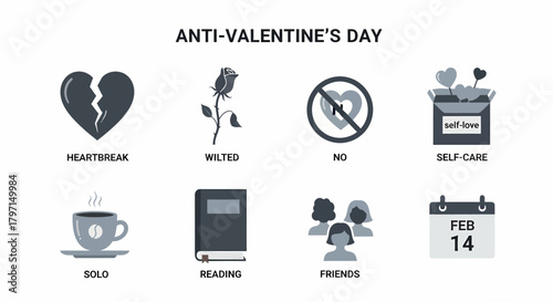 An infographic titled AntiValentines Day with eight dark gray icons and labels