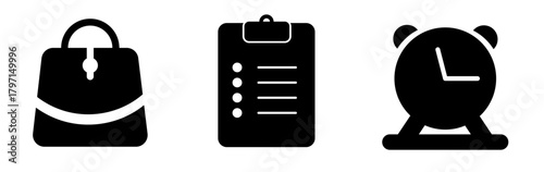 Business and planning black silhouette vector icons: briefcase, clipboard checklist, and desk alarm clock