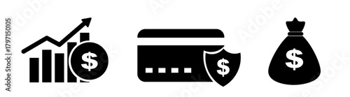 Financial security vector icon set: growth chart, protected credit card, and money bag, symbolizing investment, safe banking, and profit