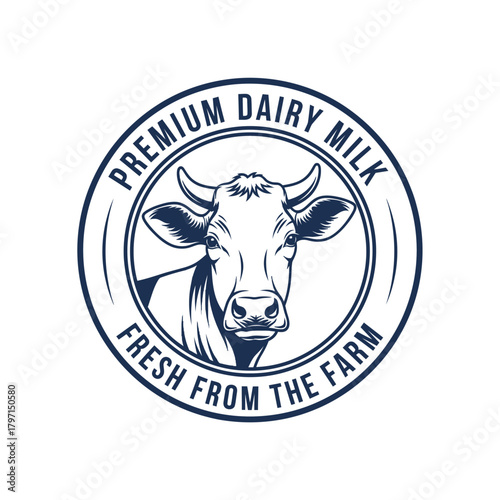 A circular illustration of a cow's head within a border, "Premium Dairy Milk" and "Fresh from the Farm