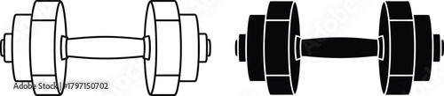 Isolated outline and solid silhouette barbell weight lifting equipment on a white background