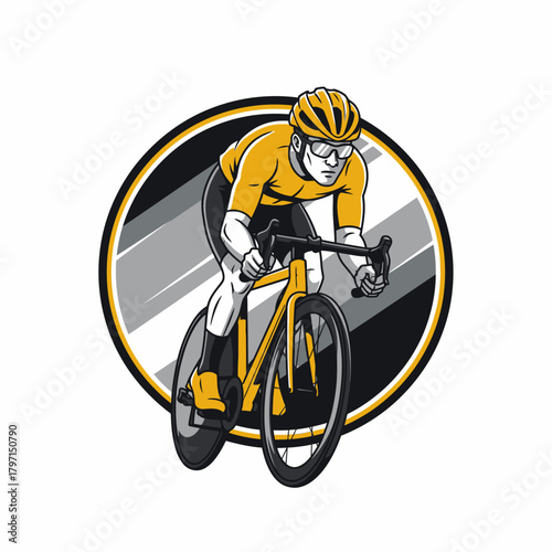 A cyclist in yellow gear, riding a bike, framed within a striped circle, vector art style