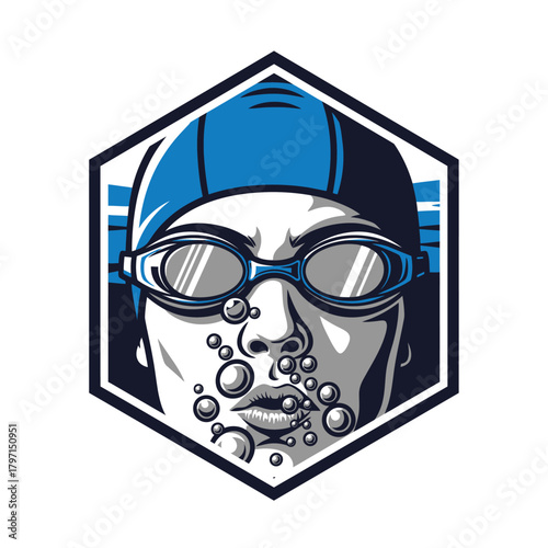 A stylized illustration features a swimmer's face with goggles and a cap, surrounded by bubbles