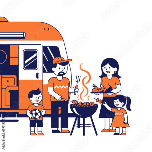 A family enjoys a barbecue next to a camper. A child holds a soccer ball. Orange and blue tones
