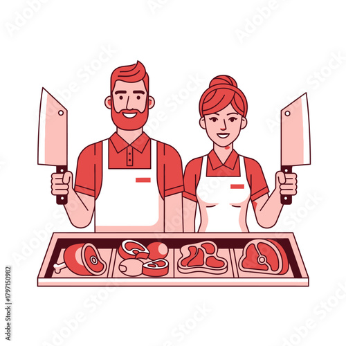 Illustration of two butchers holding meat cleavers over a display of various cuts
