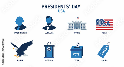 Presidents Day USA graphic with eight blue and white icons representing presidents landmarks and related symbols