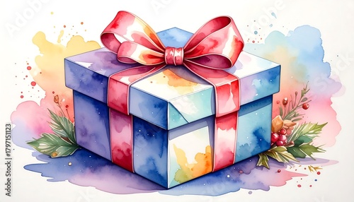 Festive watercolor gift box illustration with elegant bow and floral accents