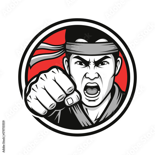 Illustration of a determined man with a clenched fist and open mouth inside a circular frame