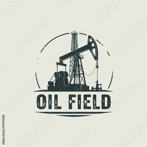A vintage-style illustration of an oil pump jack on an oil field. Features a retro design
