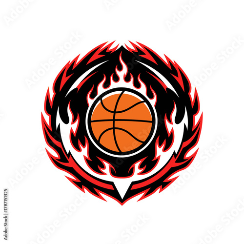 A basketball with flames design. The image features a stylized basketball inside a fiery emblem