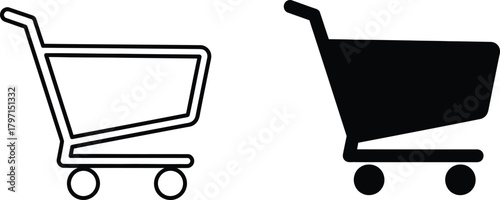 Minimalist shopping cart icon featuring a black silhouette alongside a line art version on white