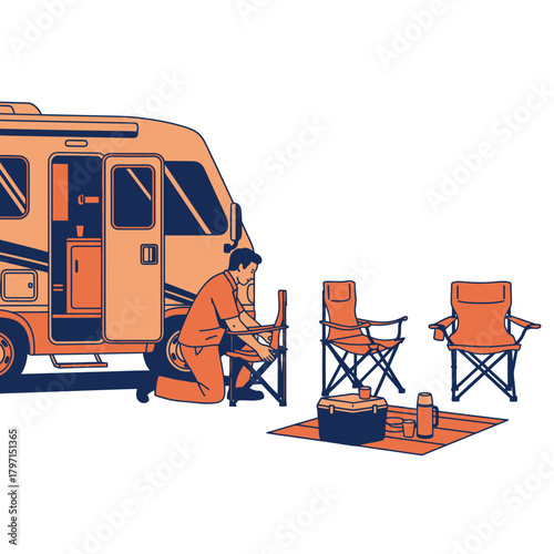 A man sets up camping chairs next to an RV, with cooler, cups, and a thermos on a mat