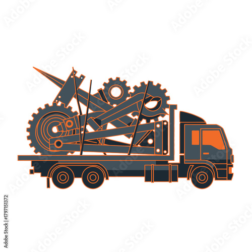 Illustration of a truck loaded with oversized gears and mechanical components, with orange accents