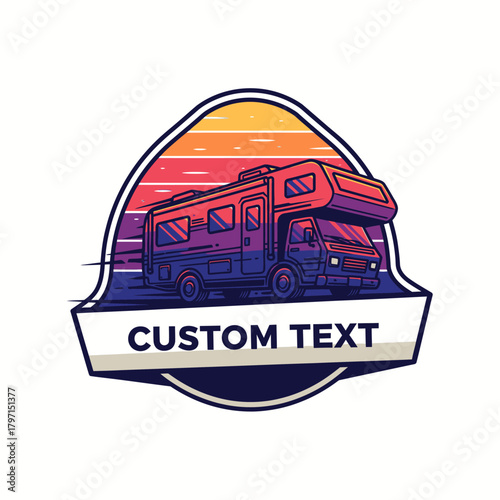 Stylized illustration of a RV on the road, set against a sunset, with space for text below