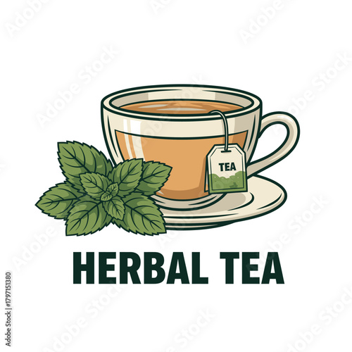 A cartoon image of a teacup with tea, a teabag, and mint, labeled with the words 'Herbal Tea'