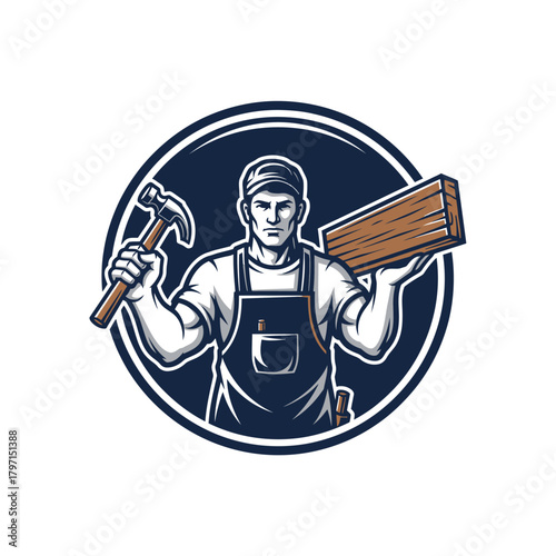 A burly carpenter with tools, circular design. Holds a hammer and wood plank, wearing an apron