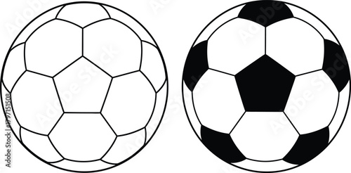Two stylized soccer balls display a classic pattern with black and white features against white