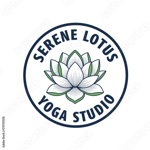 A circular emblem features a lotus blossom at the center, with text around the circumference in a circle