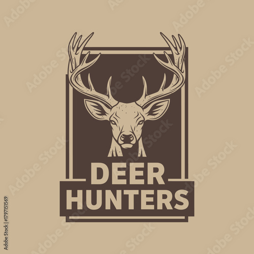 A deer with large antlers is framed inside a rectangular graphic with the text "DEER HUNTERS" below it