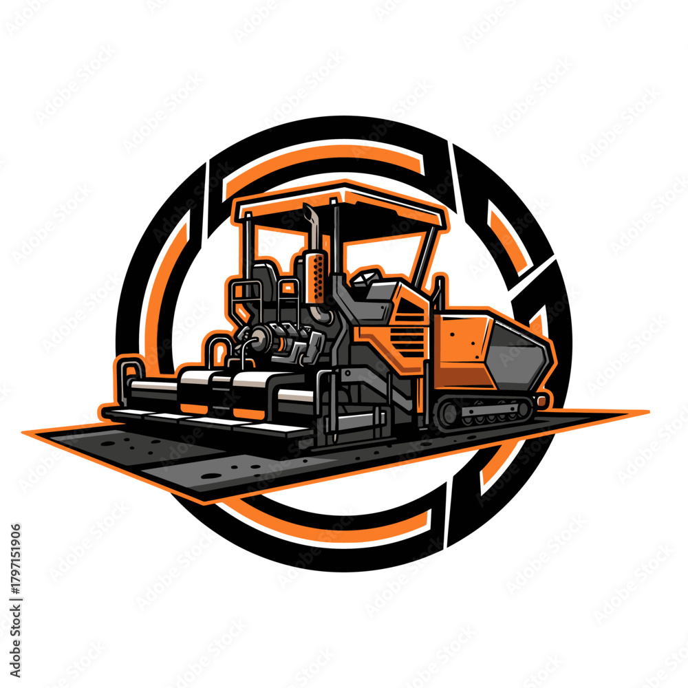 Naklejka premium A stylized illustration depicting an asphalt paver machine within a circle design with orange and black accents