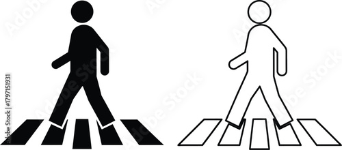 A pedestrian icon set shows black and white person silhouettes walking on zebra crossing