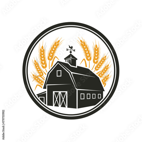 A round emblem featuring a silhouette of a barn, wheat, and a weathervane