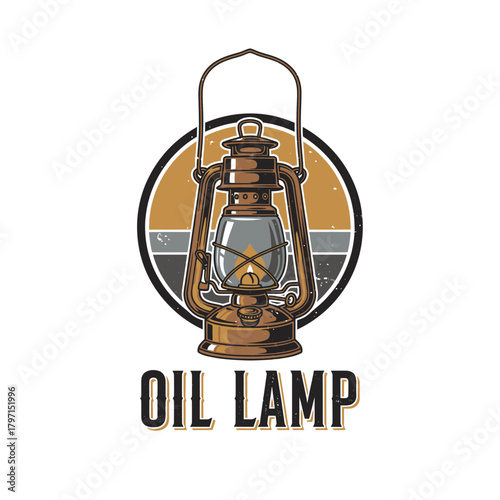 Retro-styled illustration of an oil lamp with a handle, set against a circular backdrop