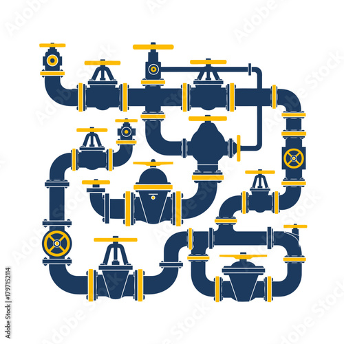 A technical illustration of a complex pipe network with valves and control components