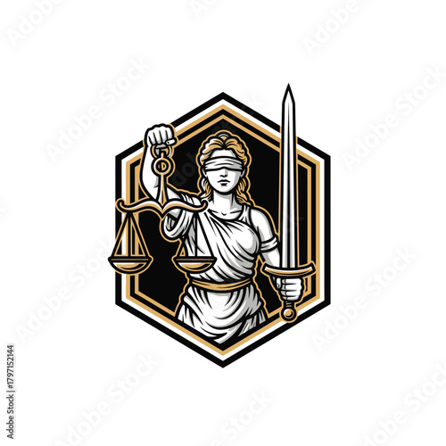 Illustration of a blindfolded figure holding scales and a sword, within a hexagon-shaped frame