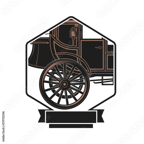 A vintage carriage illustration enclosed within a hexagonal frame, complete with a ribbon