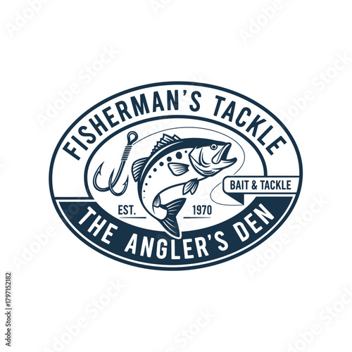 A vintage-style emblem of a leaping fish, fishing hook, and text in a circular, oval frame, indicating fishing
